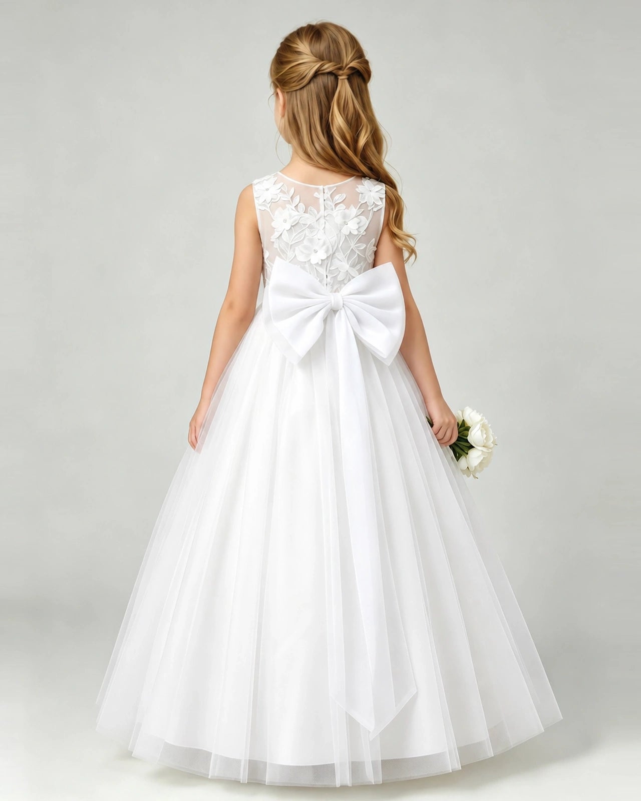 White Tulle A-line Flower Girl Dress Back View
