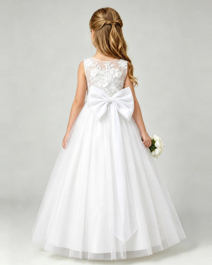 White Tulle A-line Flower Girl Dress Back View