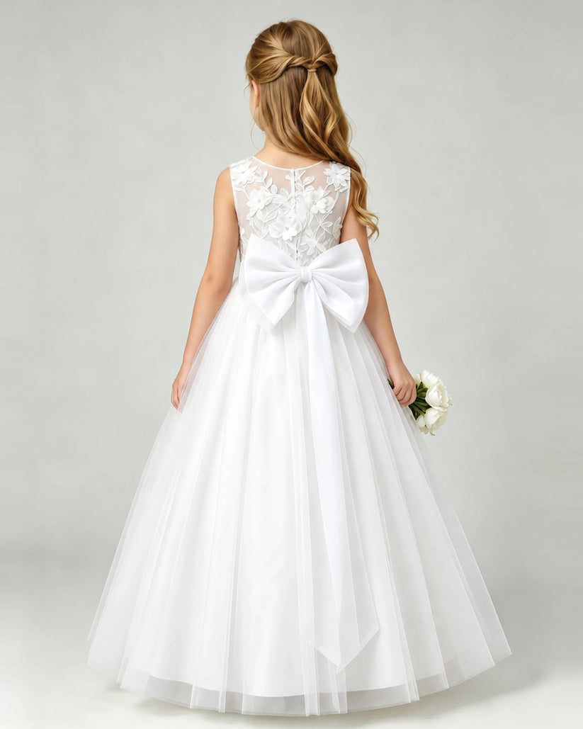 White Tulle A-line Flower Girl Dress Back View