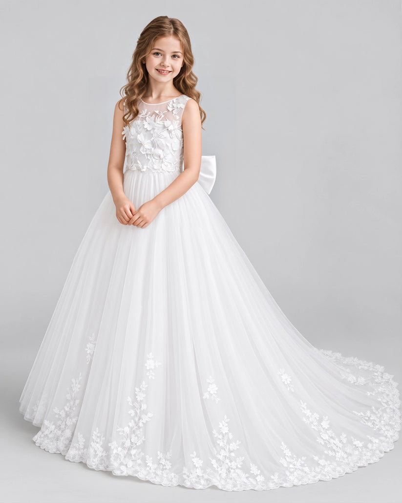 White Ball Gown First Communion Dresses Pose