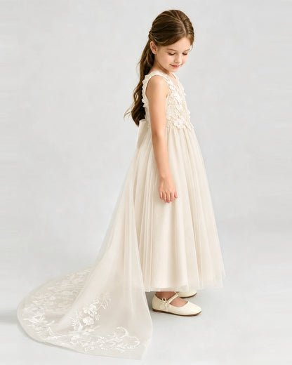 Champagne Tulle A-line Flower Girl Dress Side View