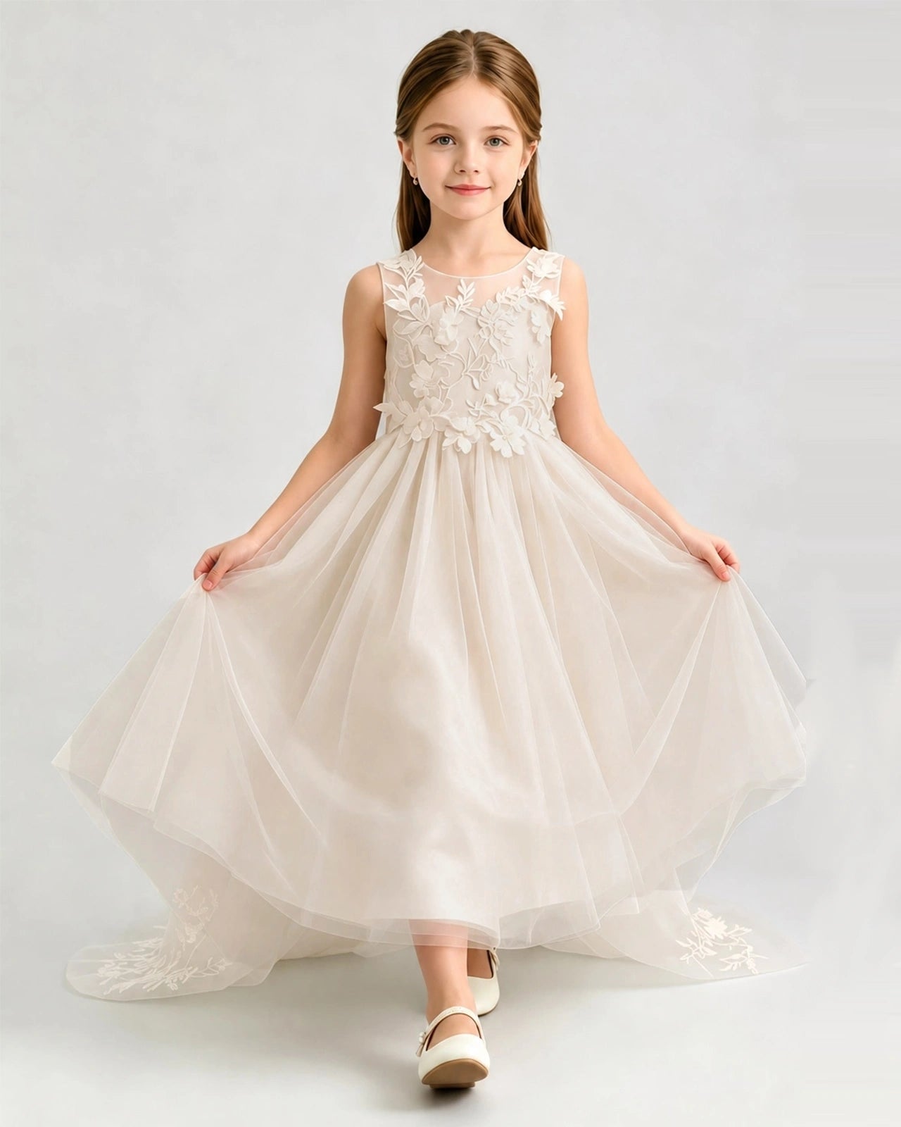 Champagne Tulle A-line Flower Girl Dress Front View