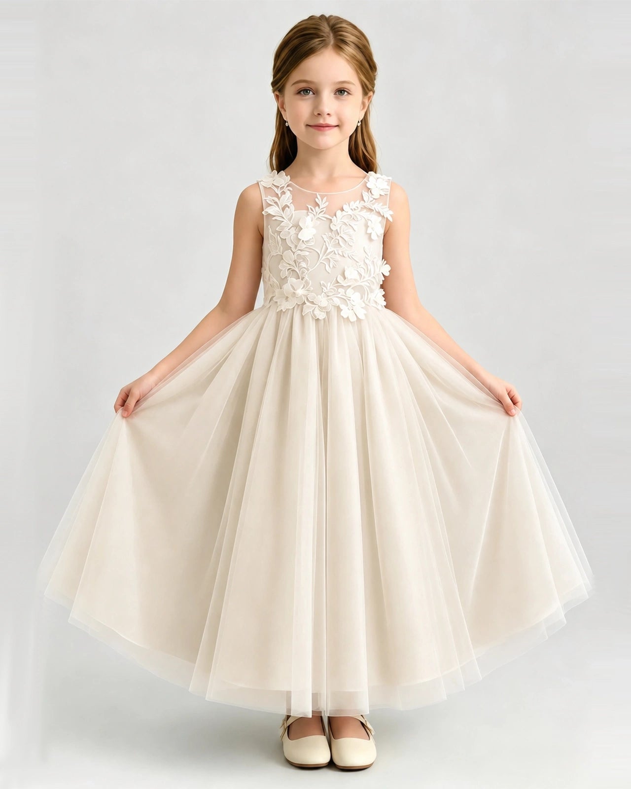 Champagne Tulle A-line Flower Girl Dress Front View