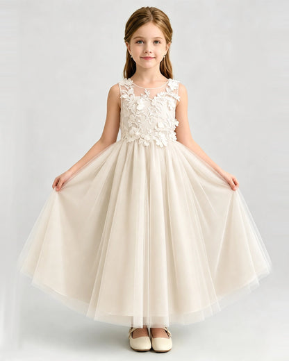 Champagne Tulle A-line Flower Girl Dress Front View