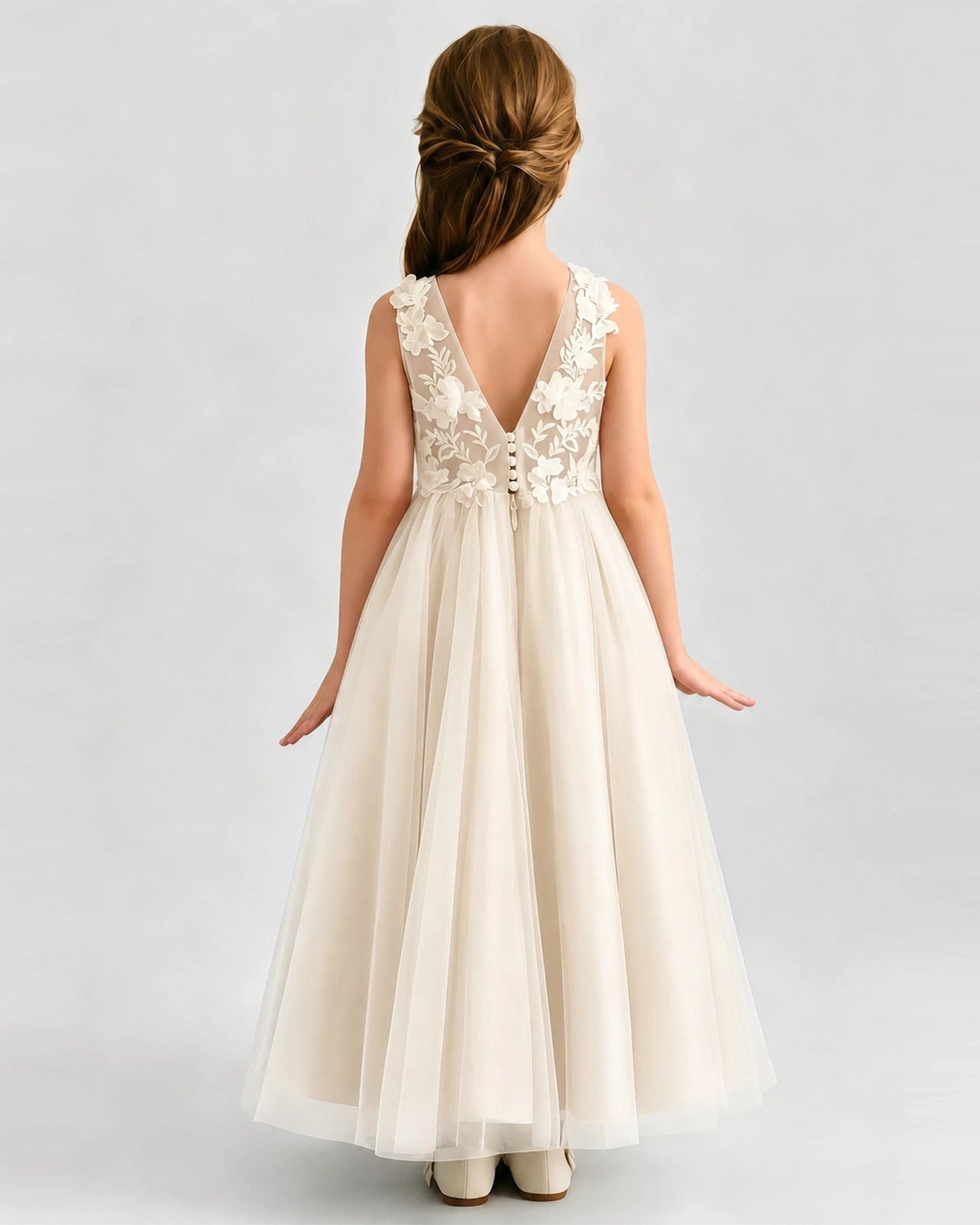Champagne Tulle A-line Flower Girl Dress Back View