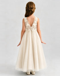 Dideyttawl White Flower Girl Dress Sleeveless 3D Floral Lace Tulle Gown with Detachable Train