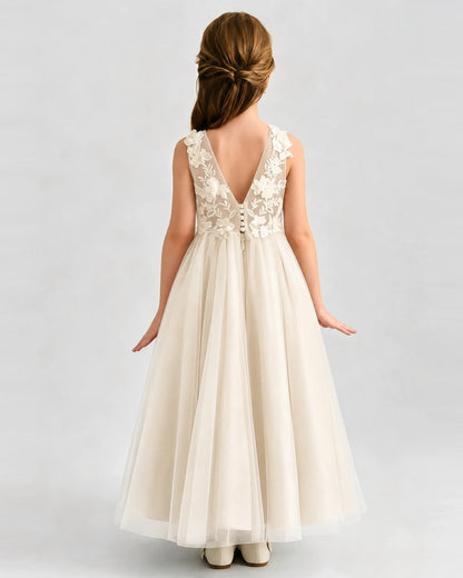 Champagne Tulle A-line Flower Girl Dress Back View