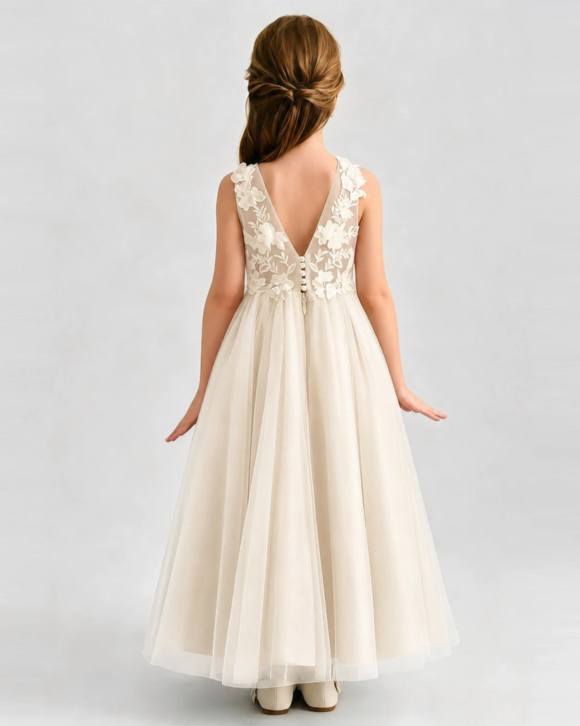 Champagne Tulle A-line Flower Girl Dress Back View