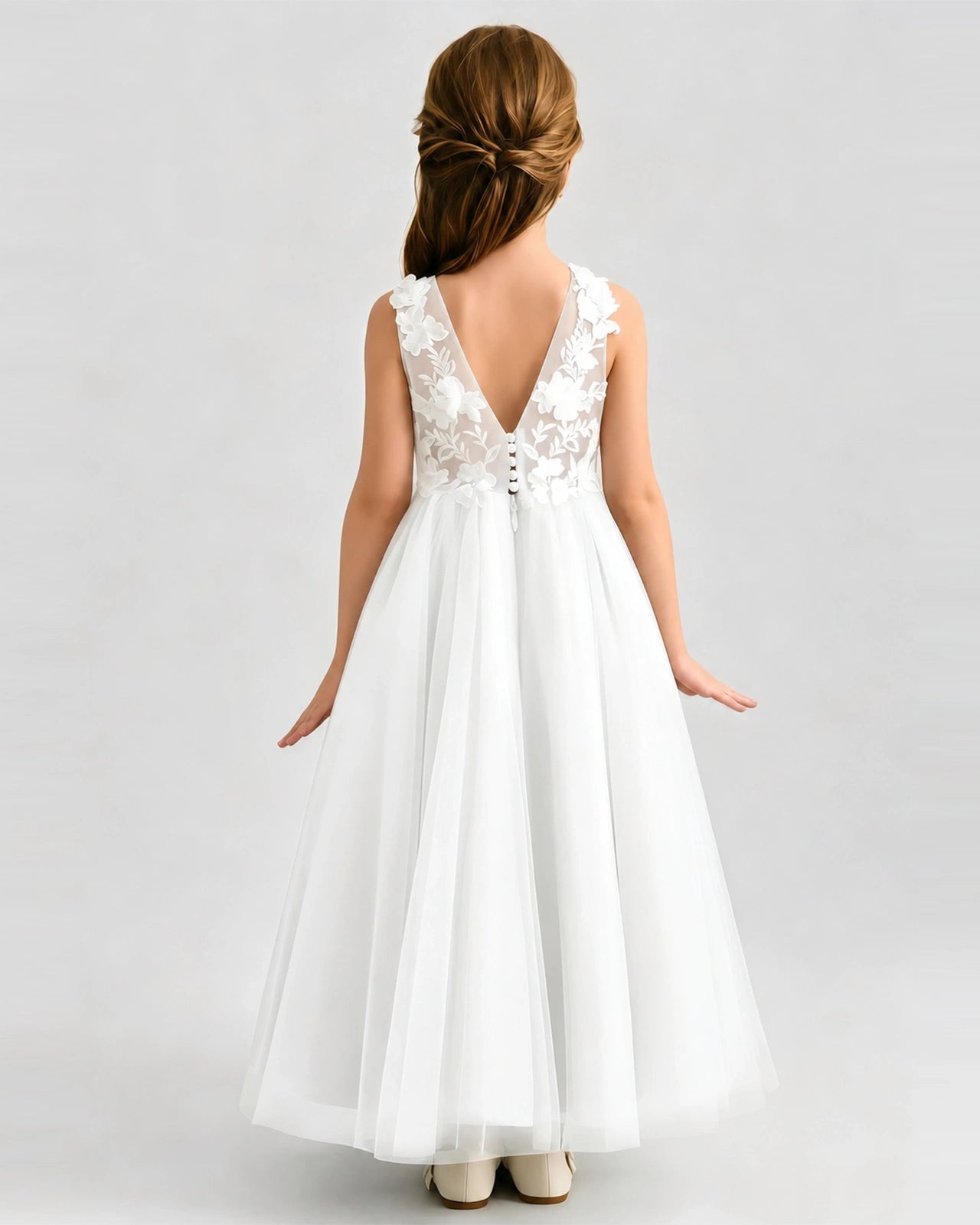 Ivory Tulle A-line Flower Girl Dress Back View