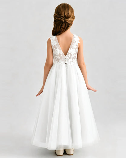 Ivory Tulle A-line Flower Girl Dress Back View