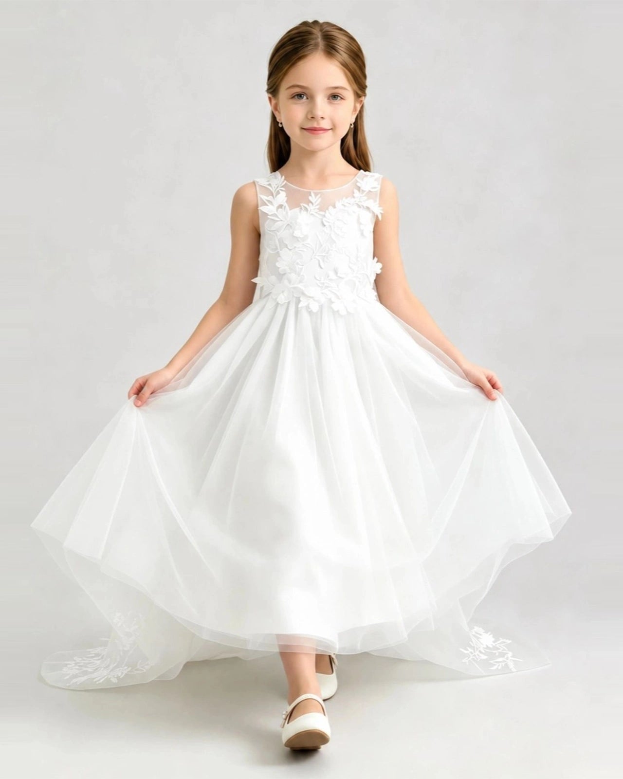 Ivory Tulle A-line Flower Girl Dress Front View
