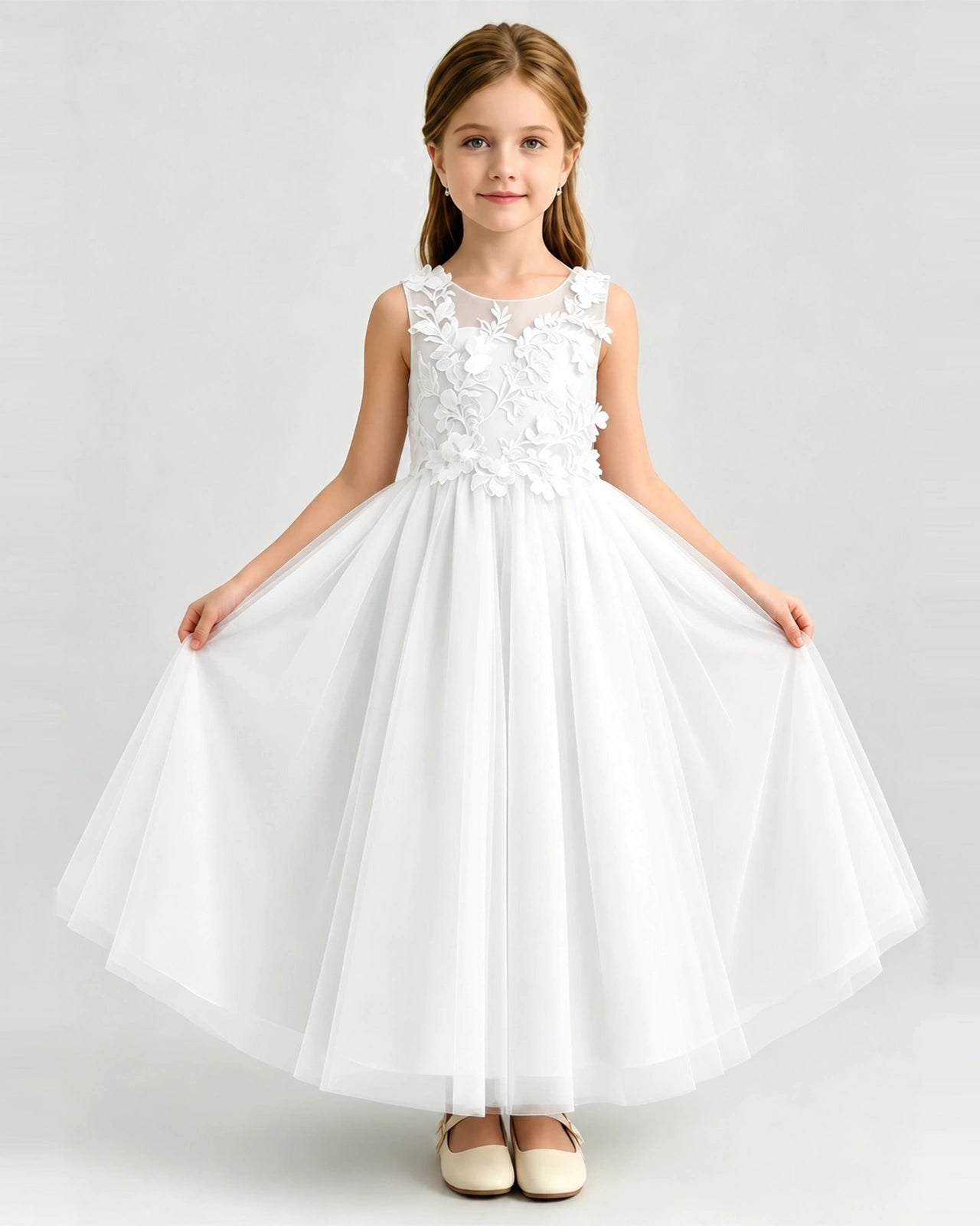 Ivory Tulle A-line Flower Girl Dress Front View