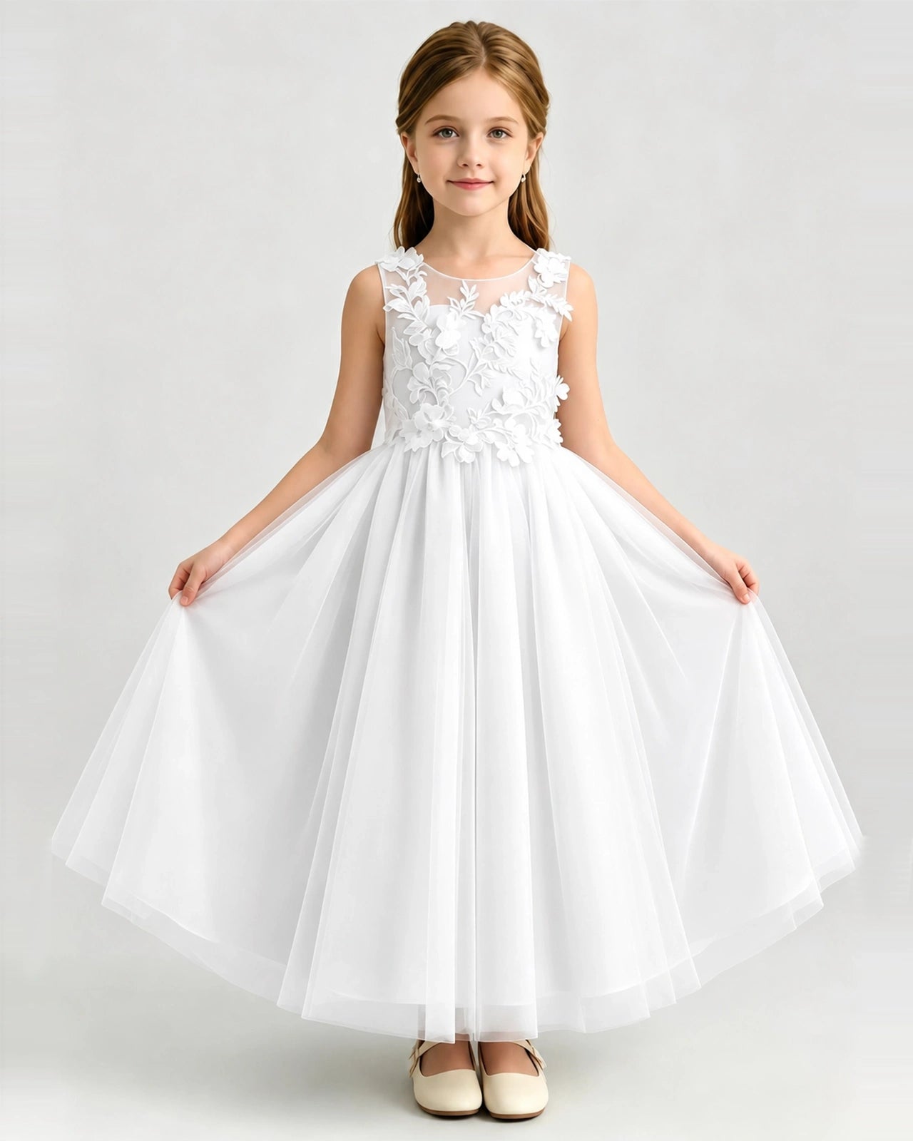 White Tulle A-line Flower Girl Dress Front View