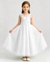 Dideyttawl White Flower Girl Dress Sleeveless 3D Floral Lace Tulle Gown with Detachable Train