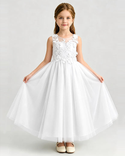 White Tulle A-line Flower Girl Dress Front View