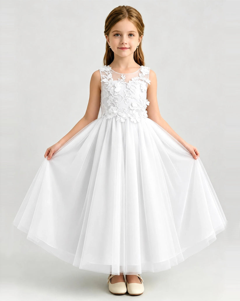 White Tulle A-line Flower Girl Dress Front View
