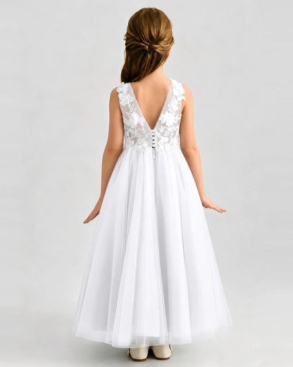 White Tulle A-line Flower Girl Dress Back View