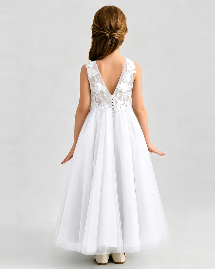 White Tulle A-line Flower Girl Dress Back View