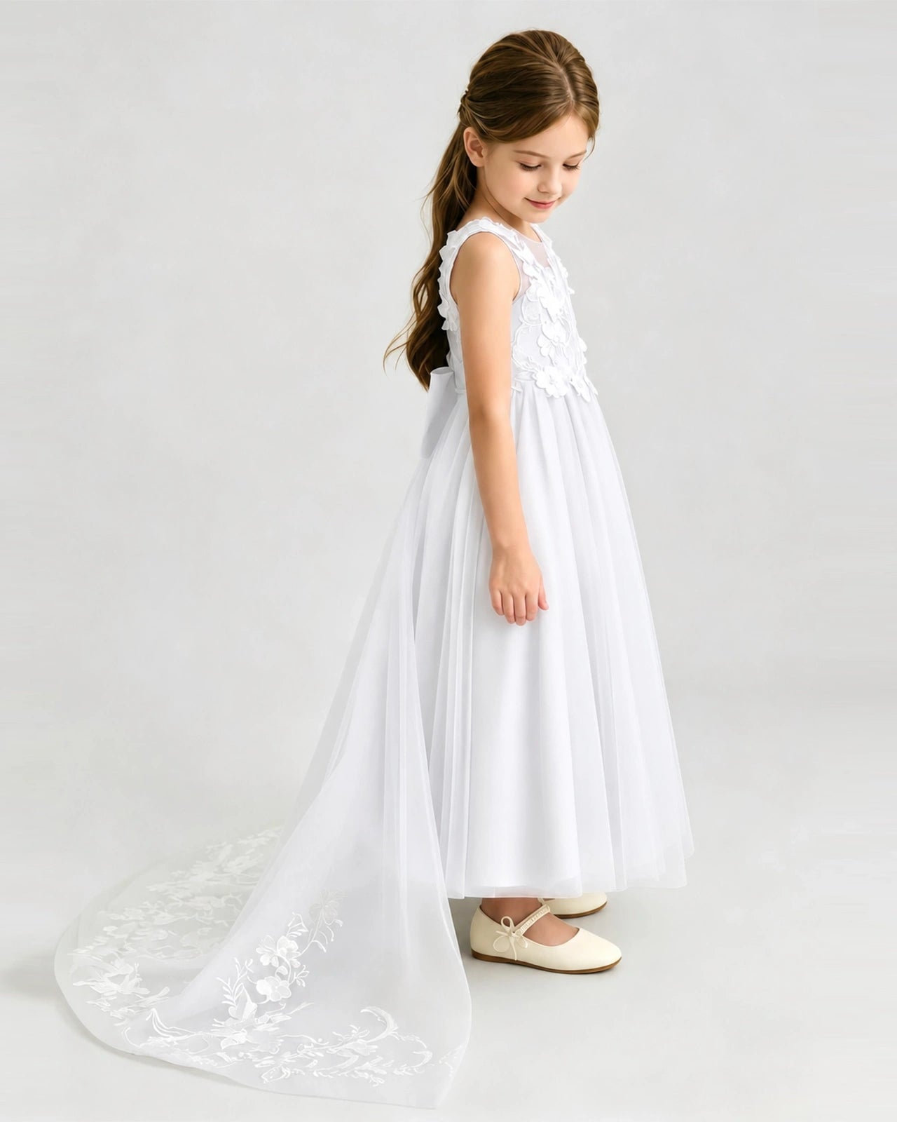 White Tulle A-line Flower Girl Dress Side View