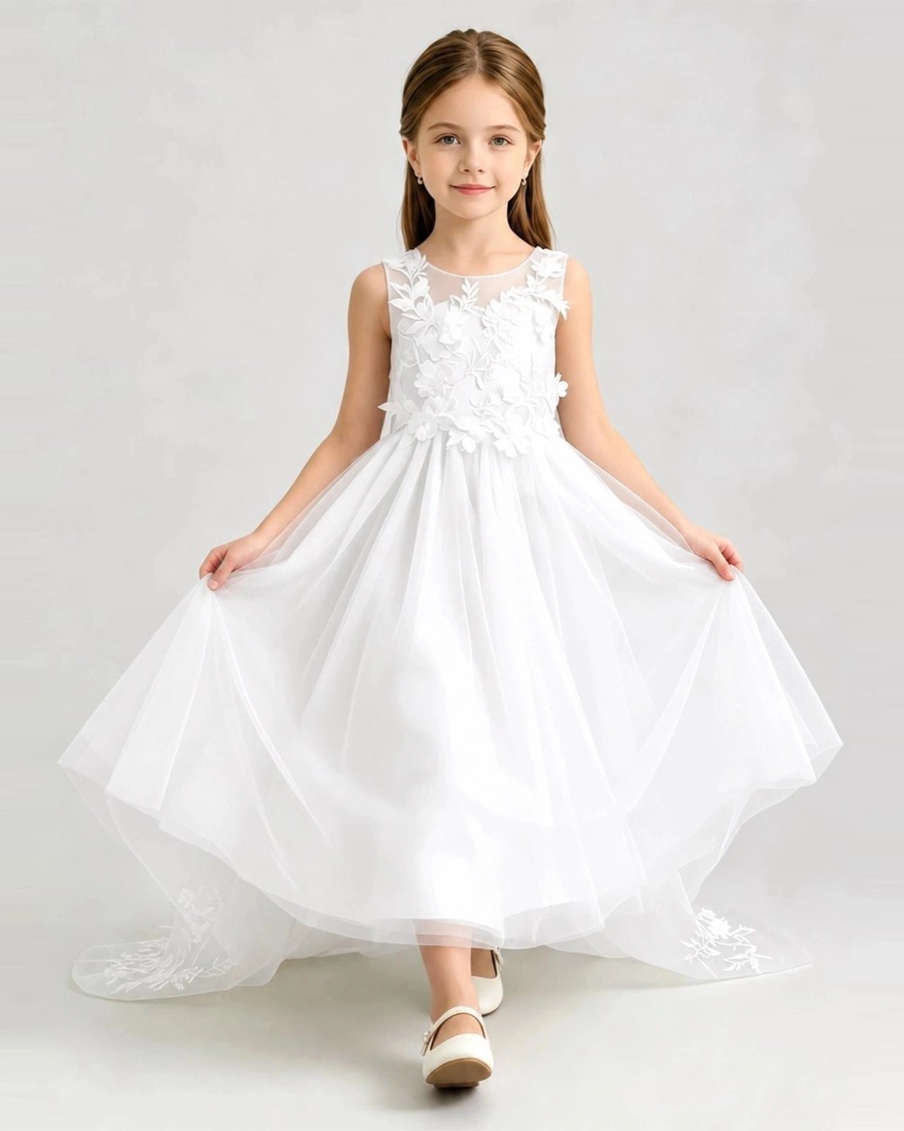 White Tulle A-line Flower Girl Dress Front View