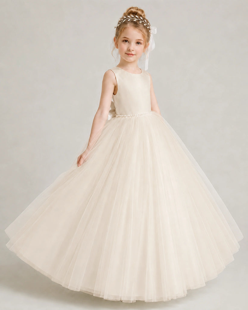 Champagne Tulle Ball Gown Flower Girl Dress Front View