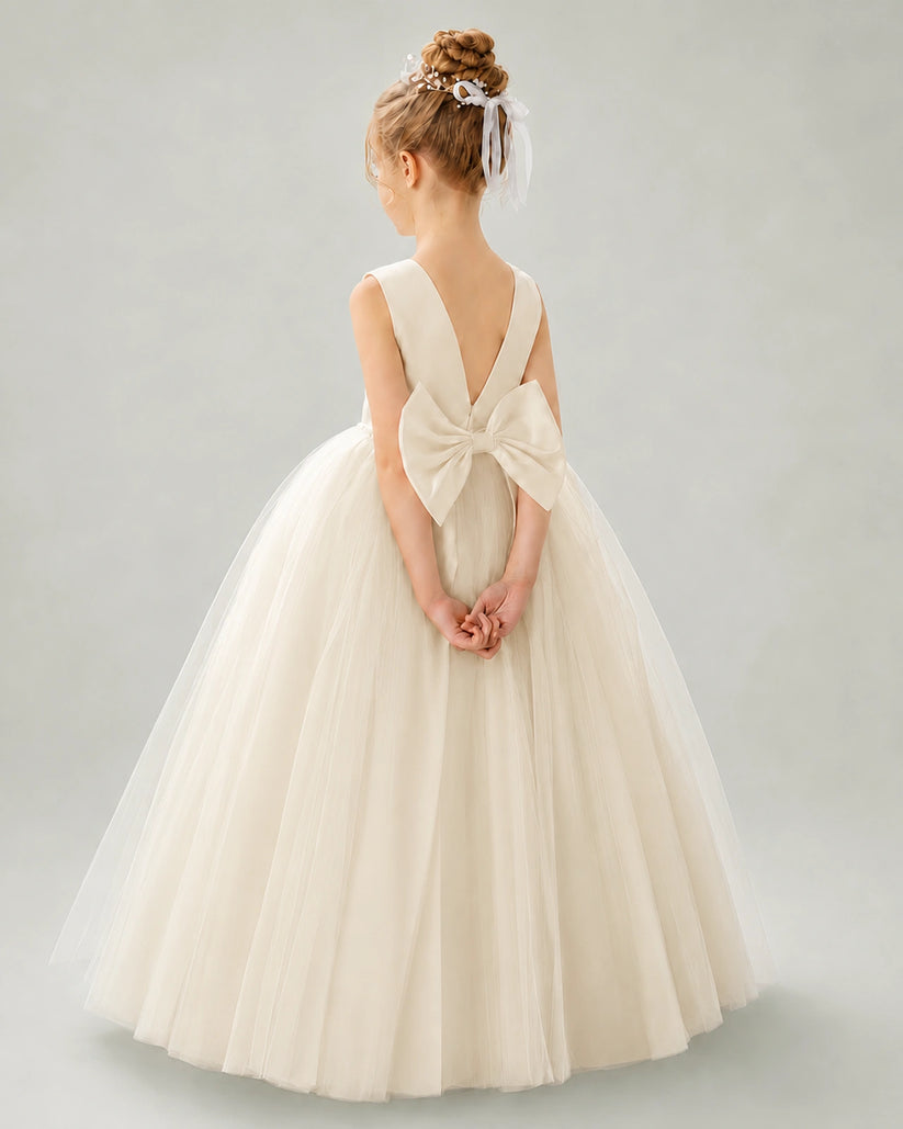 Champagne Tulle Ball Gown Flower Girl Dress Back View