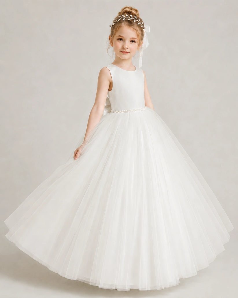 Ivory Tulle Ball Gown Flower Girl Dress Front View