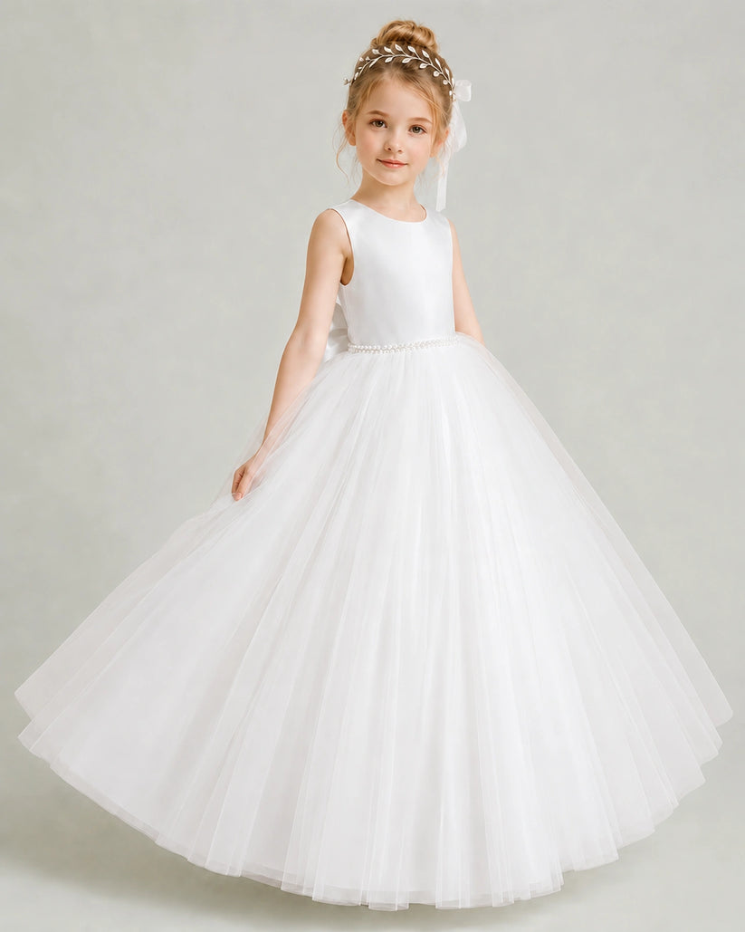 White Tulle Ball Gown Flower Girl Dress Front View
