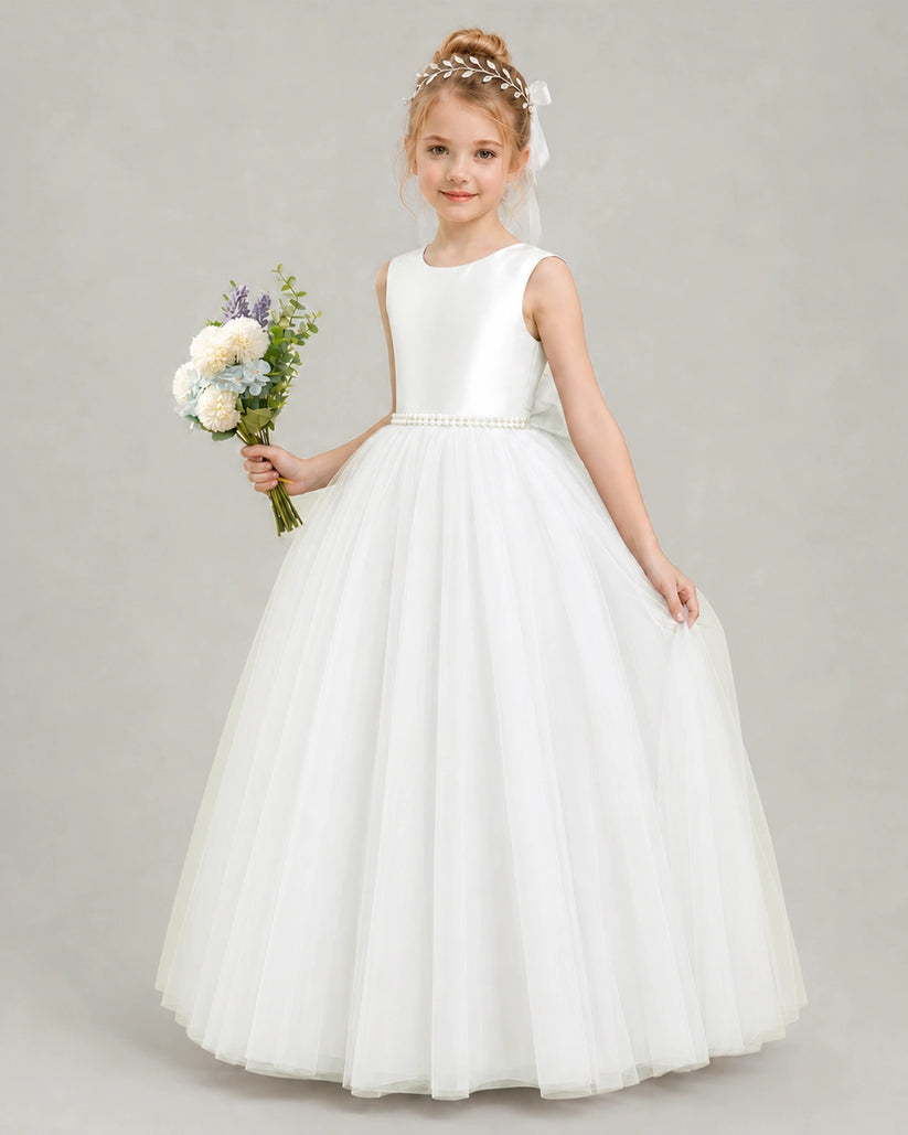 White Satin A-line Flower Girl Dress Front View