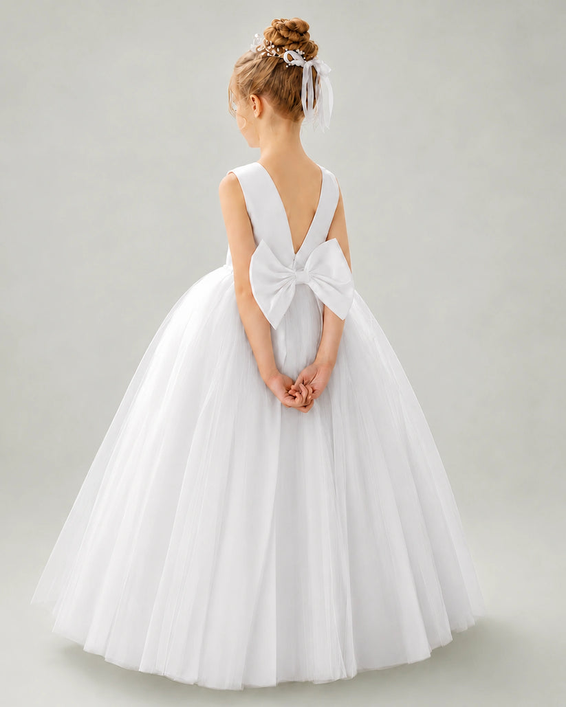 White Tulle Ball Gown Flower Girl Dress Back View