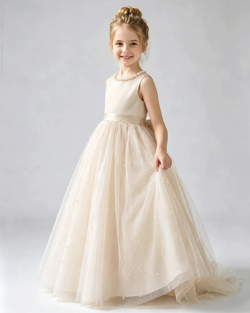 Champagne Tulle A-line Flower Girl Dress Side View