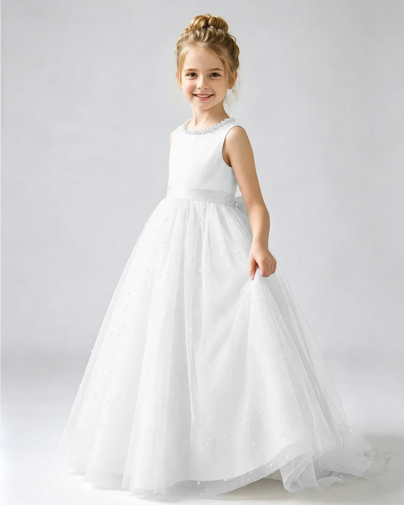 Ivory Tulle A-line Flower Girl Dress Front View