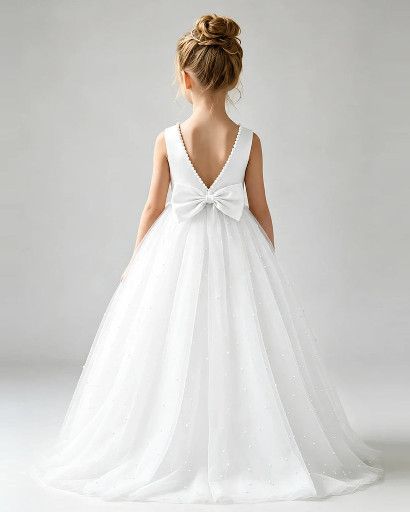 Ivory Tulle A-line Flower Girl Dress Back View