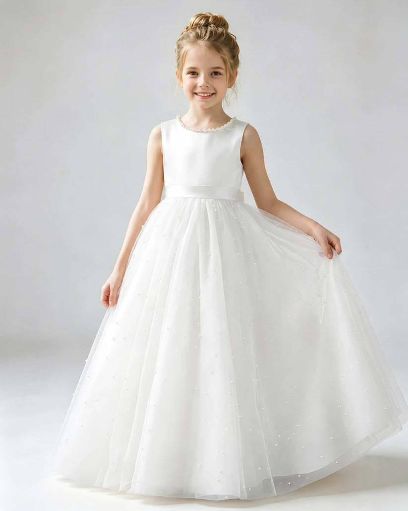 Ivory Tulle A-line Flower Girl Dress Front View