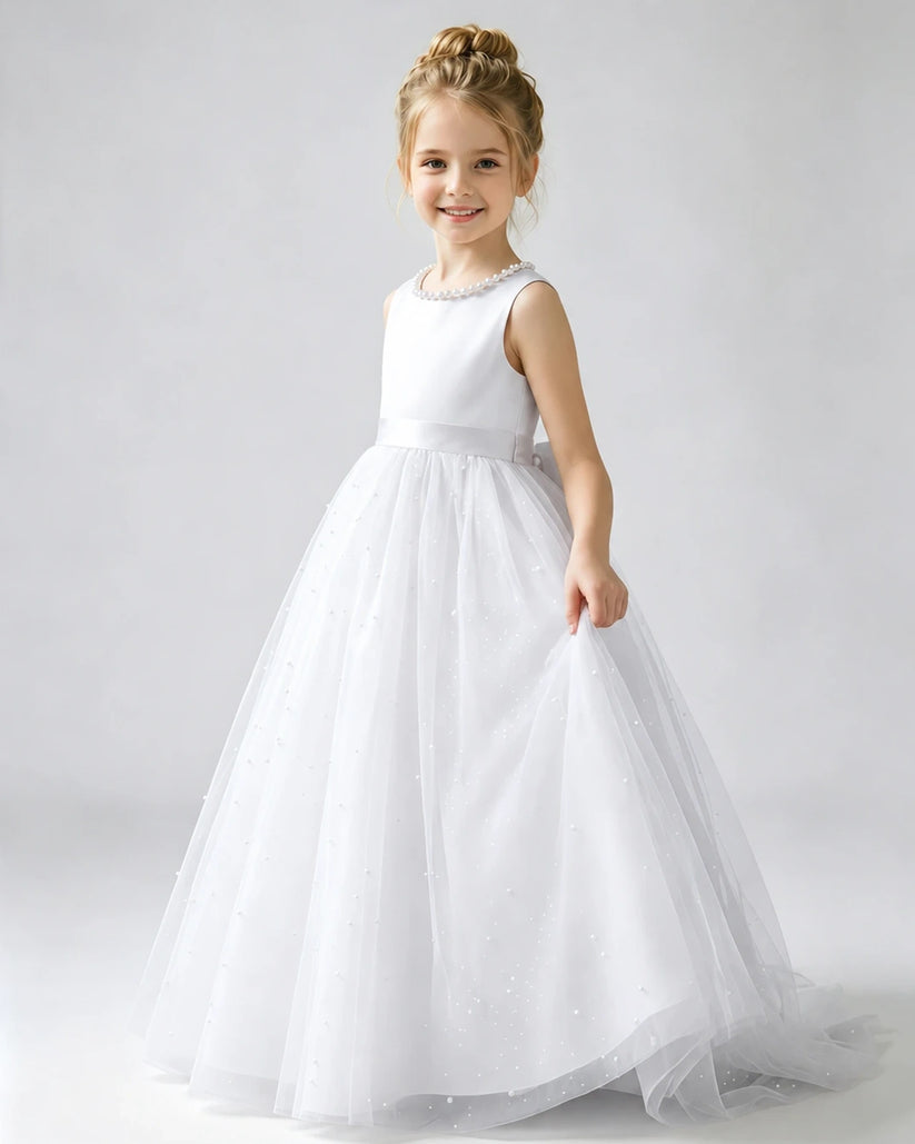 White Tulle A-line Flower Girl Dress Front View