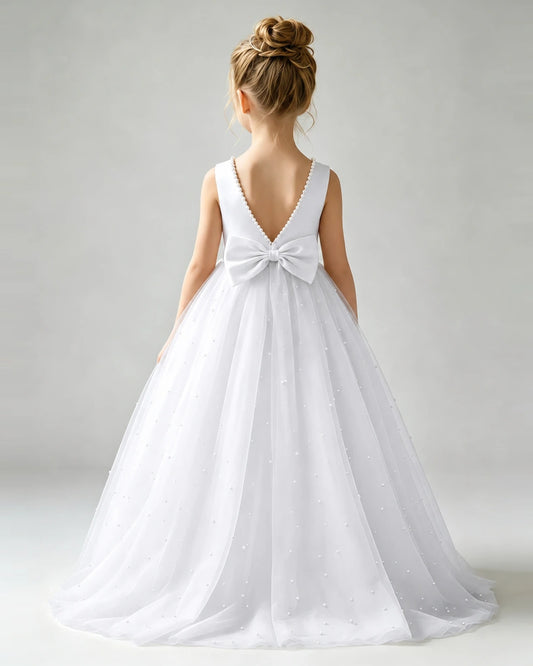 White Tulle A-line Flower Girl Dress Back View