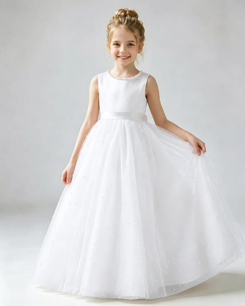 White Tulle A-line Flower Girl Dress Front View
