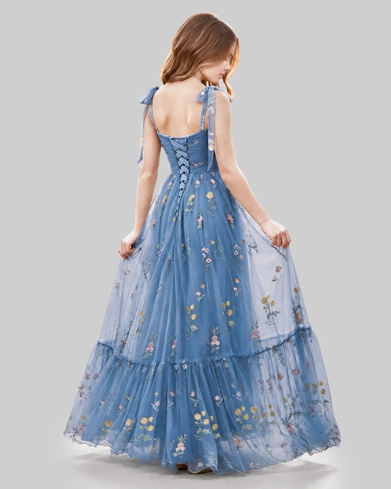 Dideyttawl Embroidered Tulle Formal Dress for Girls with Tie Straps Secondary image