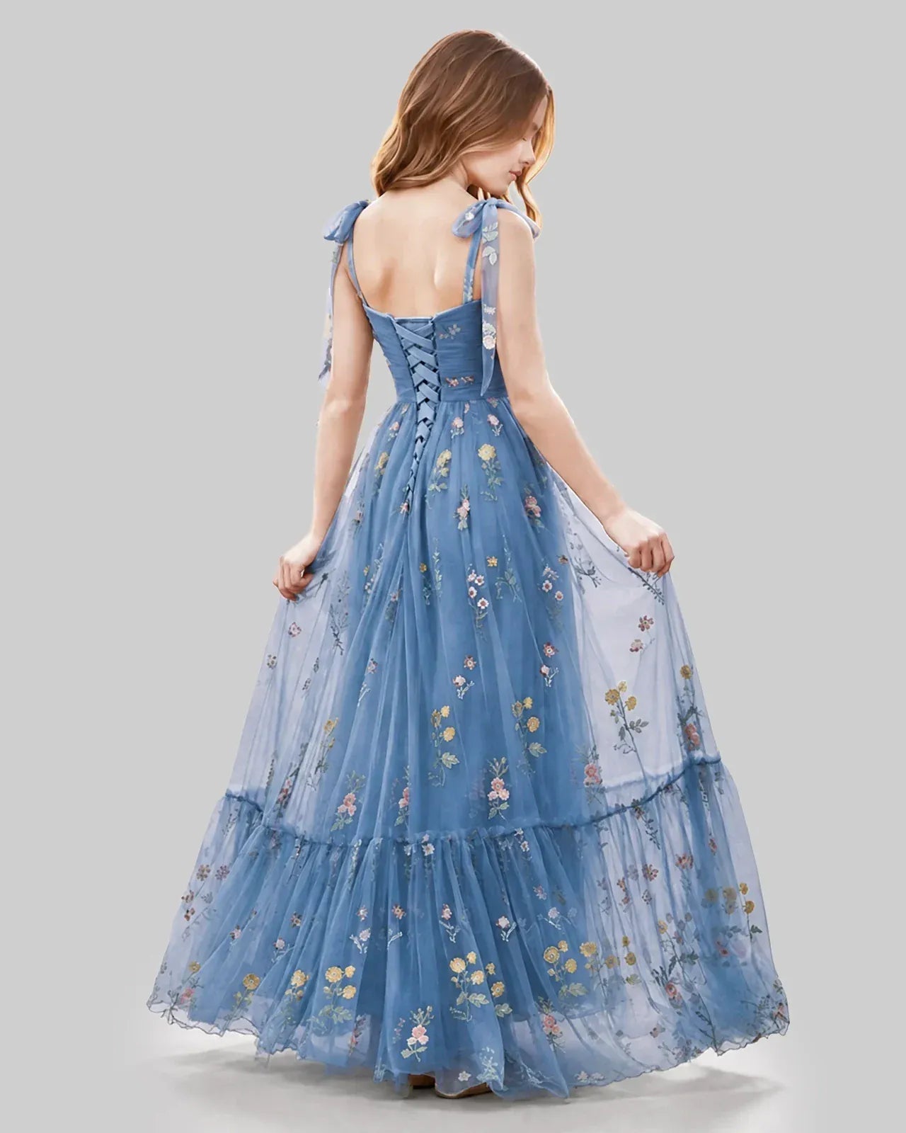 Dusty Blue Tulle A-line Girls Formal Dress Back View