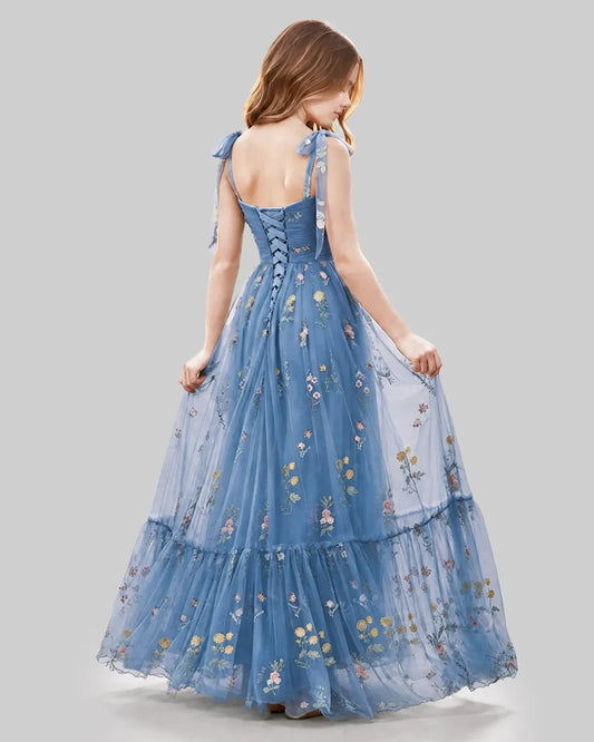 Dusty Blue Tulle A-line Girls Formal Dress Back View