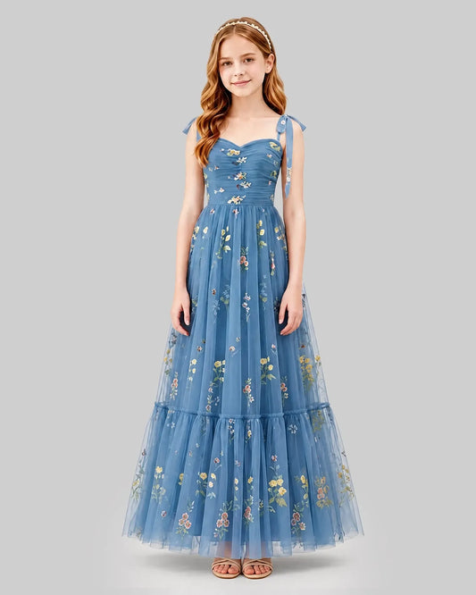 Dusty Blue Tulle A-line Girls Formal Dress Front View