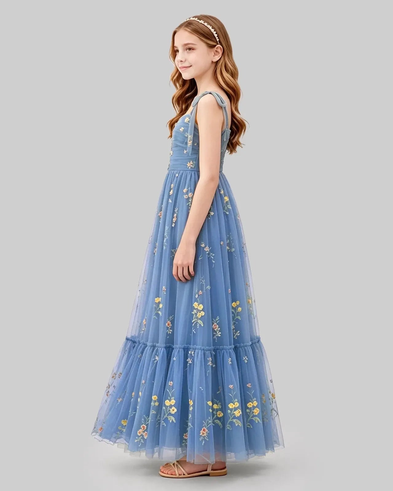 Dusty Blue Tulle A-line Girls Formal Dress Side View