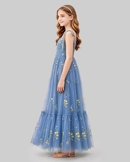 Dusty Blue Tulle A-line Girls Formal Dress Side View