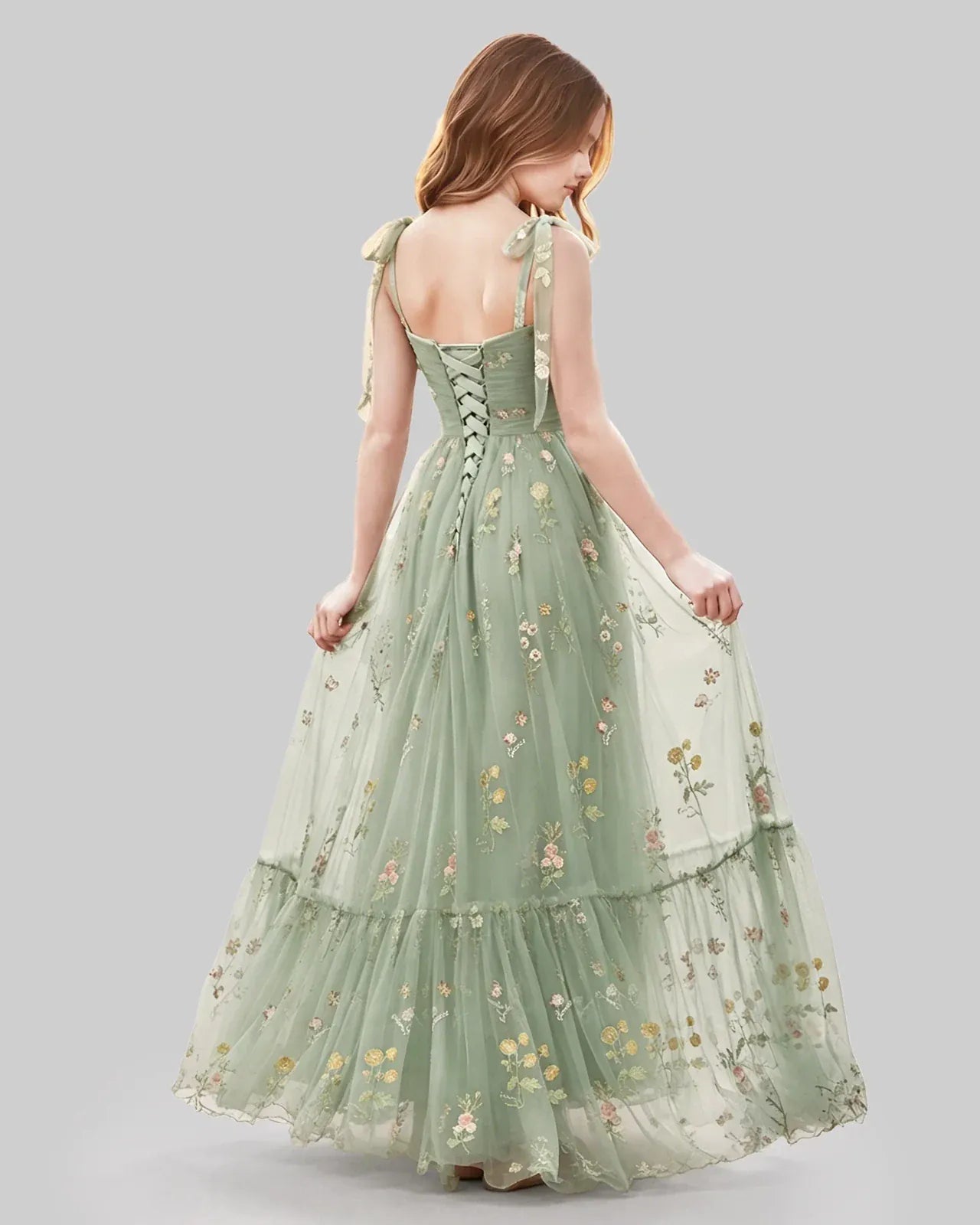 Sage Green Tulle A-line Girls Formal Dress Back View