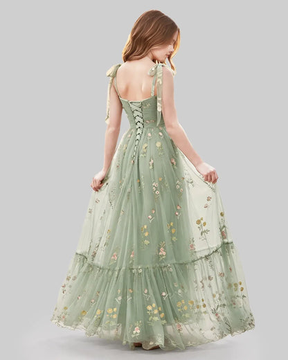 Sage Green Tulle A-line Girls Formal Dress Back View