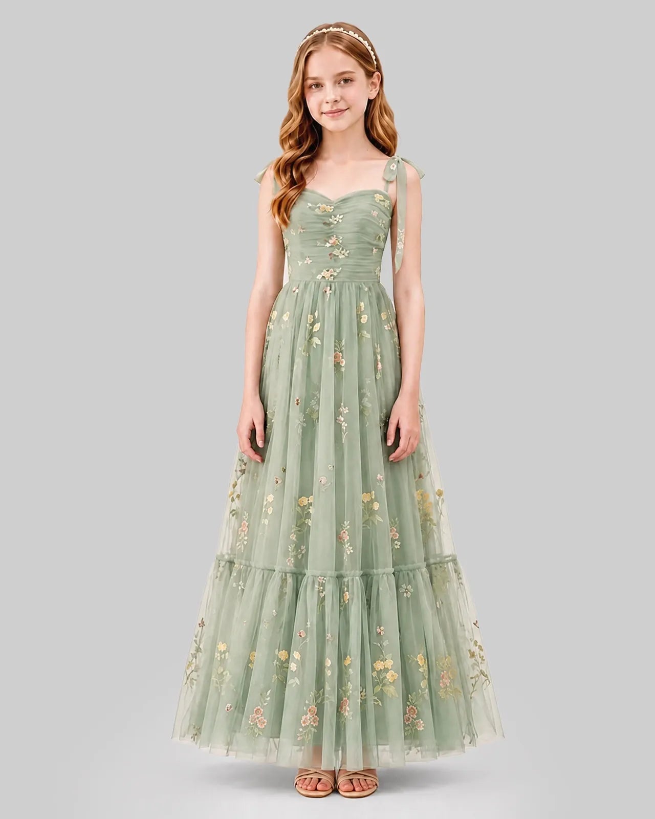 Sage Green Tulle A-line Girls Formal Dress Front View