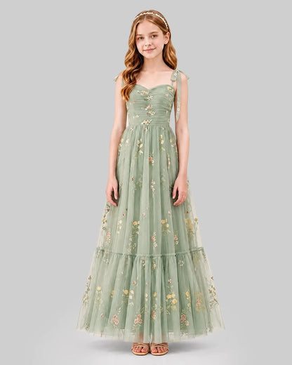 Sage Green Tulle A-line Girls Formal Dress Front View