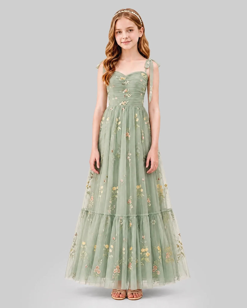 Sage Green Tulle A-line Girls Formal Dress Front View