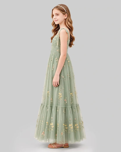Sage Green Tulle A-line Girls Formal Dress Side View