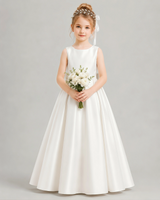Ivory Satin A-line Flower Girl Dress Front View